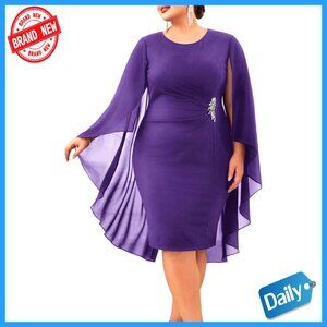 Plus Size Chiffon Cape Dress Ruched Bodycon Cocktail Midi Wedding Guest